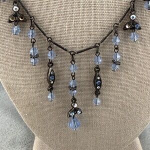 Sweet Romance Necklace Silver Tone Blue Rhinestone Drip Signed 19"